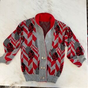 Vintage Geometric Face Print Button Up Cardigan Sweater Red Gray Black